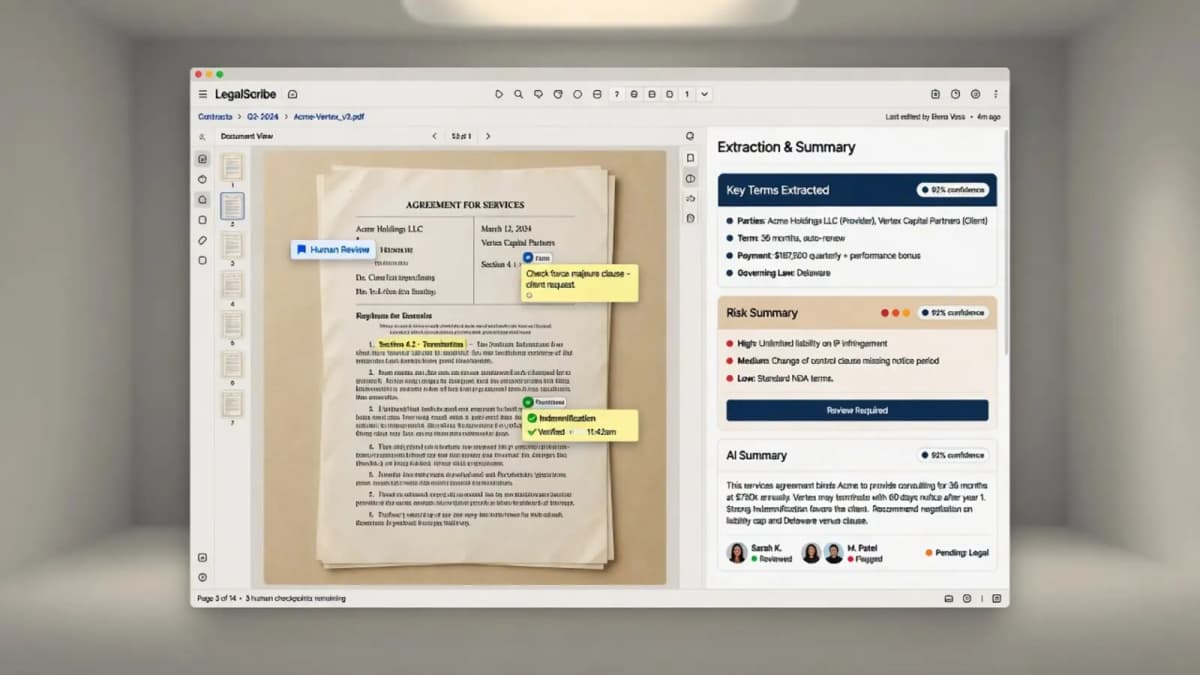 Professional reviewing documents with LegalScribe at a standing desk